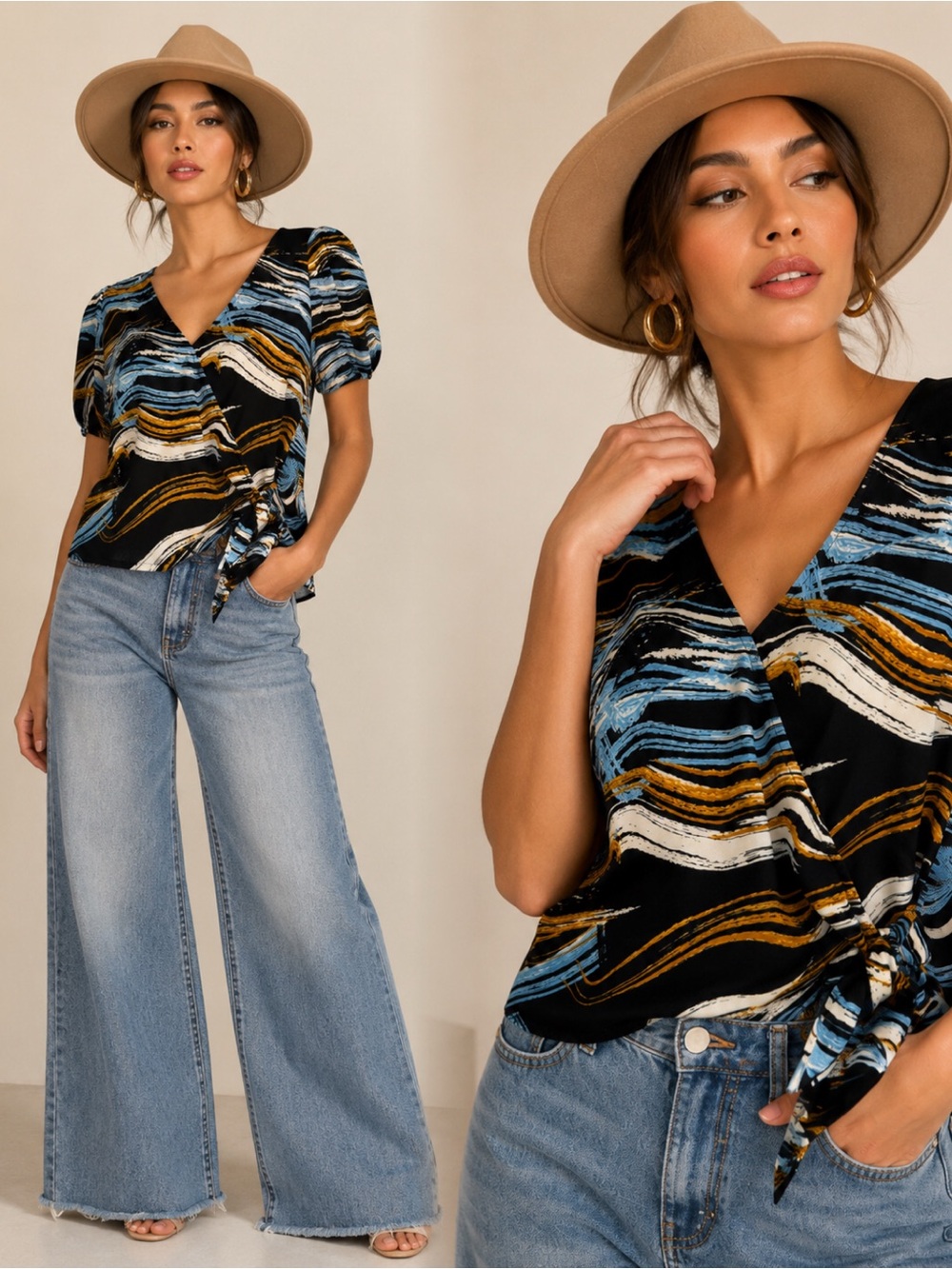 Nine West Black Wrap Blouse with Blue & Mustard Wave Print